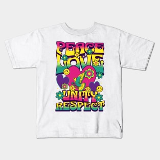 PEACE LOVE UNITY RESPECT - 60's steez (yellow/pink) Kids T-Shirt